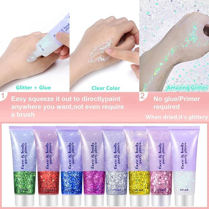 Go Ho Rose Purple Face Body Glitter Gel,Mardi Gras Purple Face Paint Makeup,Holographic Chunky Sequins Glitters for Eye Lip Hair Nails,Festival Rave Accessories,52g
