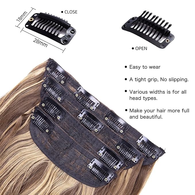 4PCS Clip in Hair Extensions Honey Blonde Mixed Light Brown 20 Inch Long Wavy Synthetic Hair Extensions (4pcs, 20Inch, 22H10#)