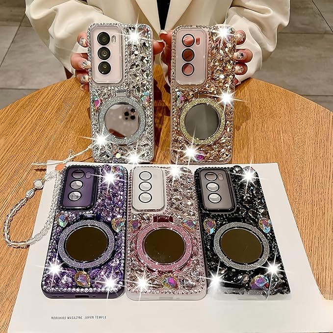 for Samsung Galaxy A36 5G Case with Sparkling Diamonds,Luxury Bling Glitter Design with Magsafe Ring Kickstand and Mirror for Women Girls (Pink)