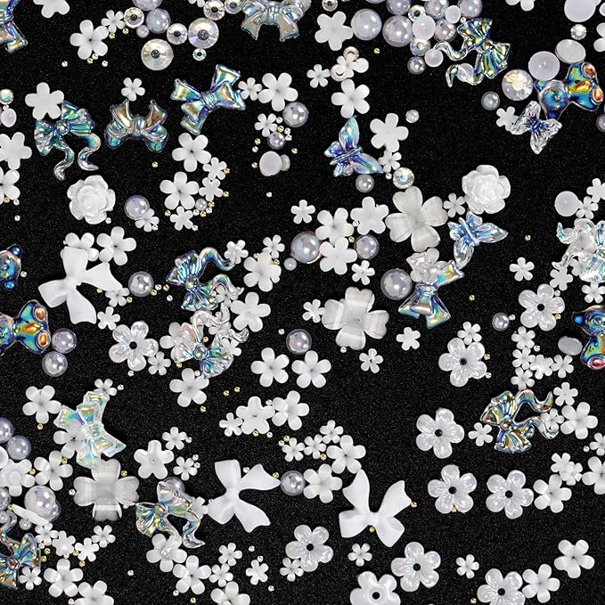 3D Acrylic Polar Butterfly Flowers Nail Charms with Starry AB Crystals Rhinestones Multi Sizes Pearls Mix Gold for Art DIY Decal Jewelry Accessories Crafting, 2 Piece Set
