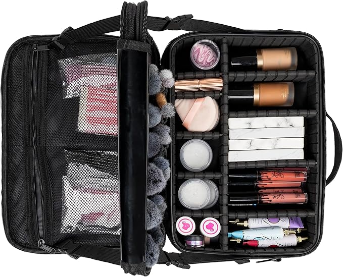 (Not Made In China) 2 Pack, Makeup Train Case, Cosmetic Travel Organizer For Professional Beauty Artist, Portable Storage Bag W/Adjustable Dividers For Jewelry and Brushes (Black, Large)