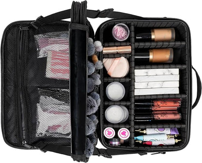 (Not Made In China) 2 Pack, Makeup Train Case, Cosmetic Travel Organizer For Professional Beauty Artist, Portable Storage Bag W/Adjustable Dividers For Jewelry and Brushes (Black, Large)