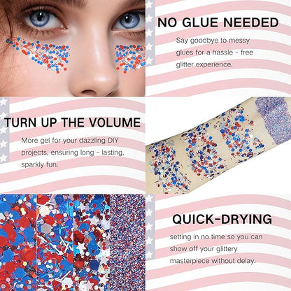 4 Jars Red Blue White USA Independent Day Flag Patriotic Face Glitter,4th of July Accessories Sparkle Body Glitter Face Paint,Fourth of July Festival Outfits for Women,40g/1.41 oz
