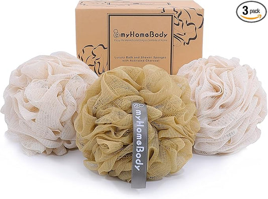 myHomeBody Large 70g Loofah Sponge, Body Scrubber, Bath Sponge, Loofah for Women, Men, Exfoliating Sponge Shower Pouf with Activated Charcoal - 2 Oat Milk + 1 Caramel, 3 Pack