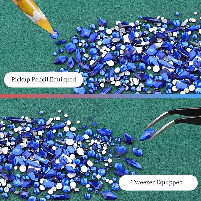 Multi Shapes Dark Blue 3D Glass Crystal Nail Art Rhinestones Kit with Flatback Round Bead Charm Gem Stone Jewelry Diamond with Pickup Pen + Tweezer for Manicure Makeup DIY Craft Decoration