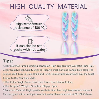 Ombre 4 Colors Mix Braiding Hair 3pcs Extensions Jumbo Hair Rainbow Color Colorful Twist Braid wigs Dreadlocks ( Pink /Purple/Green/Blue/ Light Cyan) (Lot 24Inch)