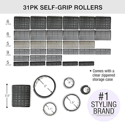 Conair Heatless Curlers 31 Count - Heatless Curls Overnight, Assorted Sizes - Self Grip Hair Rollers - Hair Styling Tools - Black & Gray - w/Storage Case