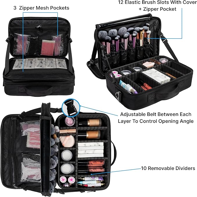 (Not Made In China) Makeup Train Case, Cosmetic Organizer Bag, Travel Make Up Storage With Adjustable Dividers For Cosmetics, Jewelry, Fragrance, Nail Polish and Brushes (1, Black, Large)