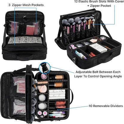 (Not Made In China) Makeup Train Case, Cosmetic Organizer Bag, Travel Make Up Storage With Adjustable Dividers For Cosmetics, Jewelry, Fragrance, Nail Polish and Brushes (1, Black, Large)