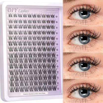 Natural Lash Clusters Kit Wispy Lash Invisible Lash Band Cluster Eyelash Extensions Kit 8-16mm Individual Lashes Extension DIY D Curl Eyelash Clusters with Waterproof Clear Lash Band Clusters