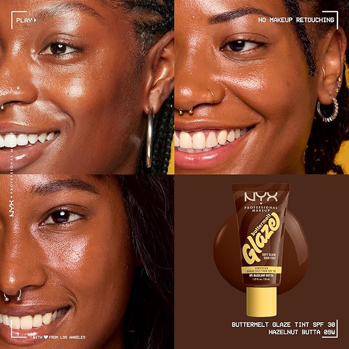 NYX PROFESSIONAL MAKEUP Buttermelt Glaze Soft Glow Skin Tint + SPF 30, Up To 12HR Wear, 09 Hazelnut Butta