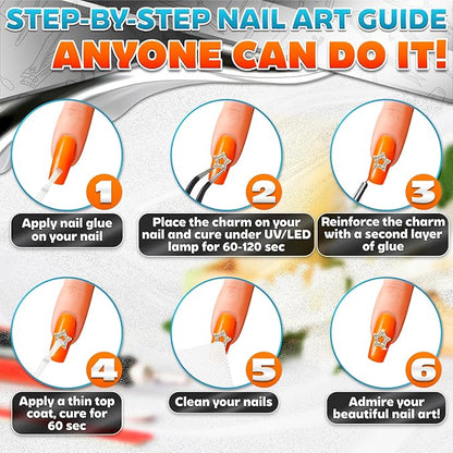110 Pcs Gold Nail Charms and Gems – Complete Art Kit with Gold Star Nail Charms, Planets, Moon, Crosses & Rocket – Designed for Creating Detailed, Custom Designs with Easy Application