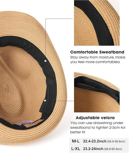 FURTALK Fedora Straw Sun Hat for Men Women Foldable Roll Up Short Brim Trilby Hat Panama Beach Hat UPF 80+