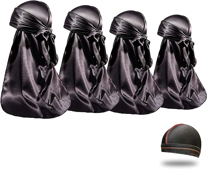4PCS Silky Durags for Men Women 360 Waves with 1 Wave Cap, Silky Satin Durag Extra Long Tails