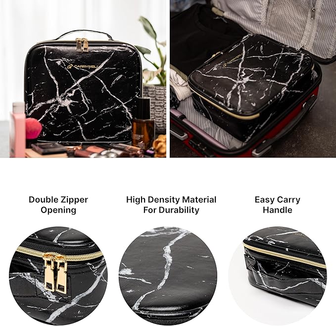 (Not Made In China) Makeup Train Case, Cosmetic Organizer Bag, Travel Make Up Storage With Adjustable Dividers For Cosmetics, Jewelry, Fragrance, Nail Polish and Brushes (1, Marble, Small)