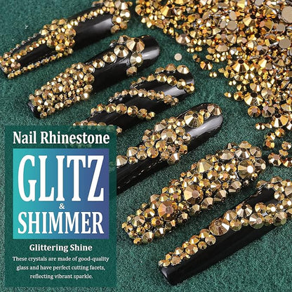 6 Sizes Gold Glass Crystal Kit with Pickup Pen + Tweezer Tools for Shine Nail Art Manicure Makeup DIY Decoration Flatback Round Rhinestone Gem Jewelry Diamond