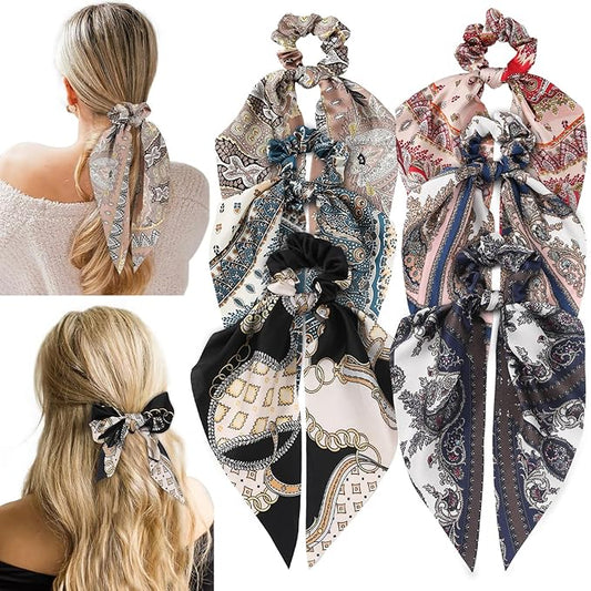6 PCS Bow Silk Scrunchies, Hair Ties with Bows, Hair Scrunchies for Women Girls, Knotted Bow Silk Hair Ties, Satin Hair Ribbon Scrunchy Elastic Hair Ties Ponytail Holder Pink