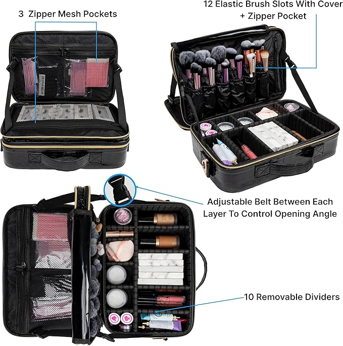 (Not Made In China) Travel Makeup Train Case, Cosmetic Case Organizer, Make Up Bag Storage With Adjustable Dividers For Cosmetics, Jewelry, Fragrance, Nail Polish and Brushes (1, Crocodile, Large)
