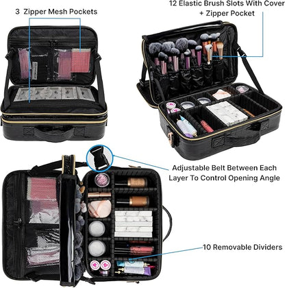 (Not Made In China) Travel Makeup Train Case, Cosmetic Case Organizer, Make Up Bag Storage With Adjustable Dividers For Cosmetics, Jewelry, Fragrance, Nail Polish and Brushes (1, Crocodile, Large)