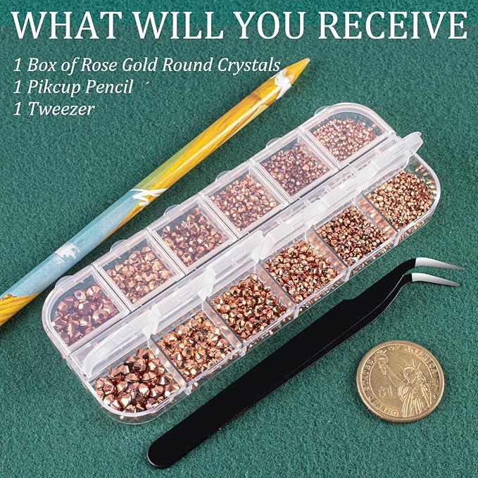 6 Sizes Rose Gold Glass Crystal Kit with Pickup Pen + Tweezer Tools for Shine Nail Art Manicure Makeup DIY Decoration Flatback Round Rhinestone Gem Jewelry Diamond