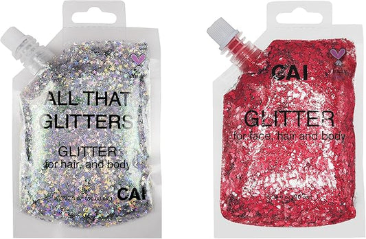Hair Glitter Gel; Body Glitter & Face Glitter for Women/Kids (2 PK Red/Silver) Moon & Stars; Iridescent Holograph Cosmetic Grade- Apply Without Glue, Easy to Take Off Keeps Skin Clean