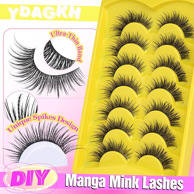 Natural Lashes Manga Eyelashes Cat Eye False Eyelashes Natural Look 18mm Anime Lashes Wispy Strip Lashes D-Curly Thin Band Unique Spikes 7 Pairs Fairy Mink Lashes Cosplay Fake Lashes