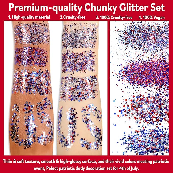 Allstarry Chunky Body Glitter 4 Colors Cosmetic Patriotic Face Glitter Independence Day Hair Sequins Sparkle Veterans Day Eye Flakes 4th of July Accessories for Olympics Party Women Face Paint Makeup