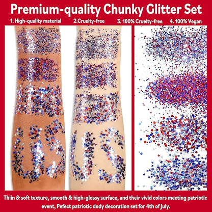 Allstarry Chunky Body Glitter 4 Colors Cosmetic Patriotic Face Glitter Independence Day Hair Sequins Sparkle Veterans Day Eye Flakes 4th of July Accessories for Olympics Party Women Face Paint Makeup