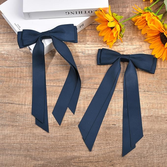 2PCS Silky Satin Hair Bows Hair Clip Blue Hair Ribbon Ponytail Holder Accessories Slides Metal Clips Hair Bow for Women Girls Toddlers Teens Kids