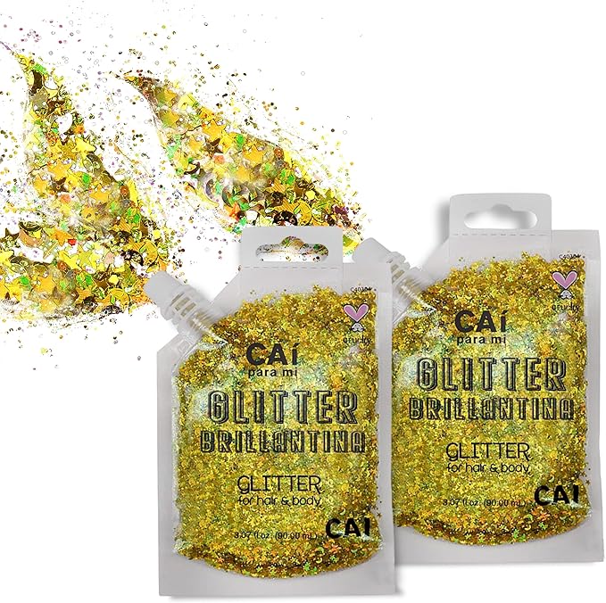 Hair Glitter Gel; Body Glitter & Face Glitter for Women/Kids(2 Pk Gold/Gold) Chunky Iridescent Holograph Stars & Moon, 6 oz | Cosmetic-Grade Makeup, Apply Without Glue, Easy to Take Off & Clean