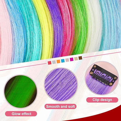 20 Pcs Glow in the Dark Colored Hair Extensions Clip 20 Inch Rainbow Party Hairpiece for Women, 10 Color(Multicolor)