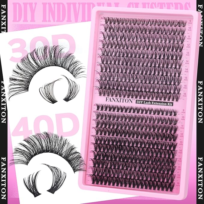 Natural Lash Cluster Kit Thick Eye Lash Clusters Natural Look 30D+40D D 8-16mm Lash Extension Kit Wispy Eyelash Clusters Volume Individual Lashes with Lash Bond and Seal and Tweezers