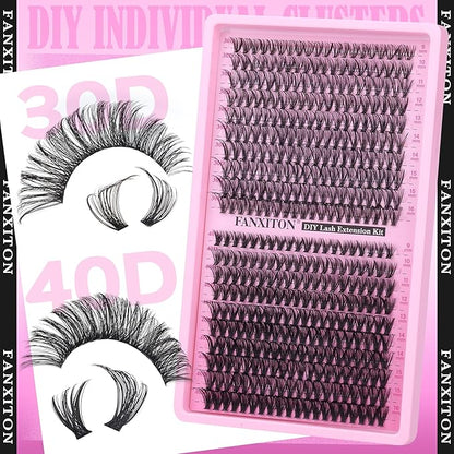 Natural Lash Cluster Kit Thick Eye Lash Clusters Natural Look 30D+40D D 8-16mm Lash Extension Kit Wispy Eyelash Clusters Volume Individual Lashes with Lash Bond and Seal and Tweezers