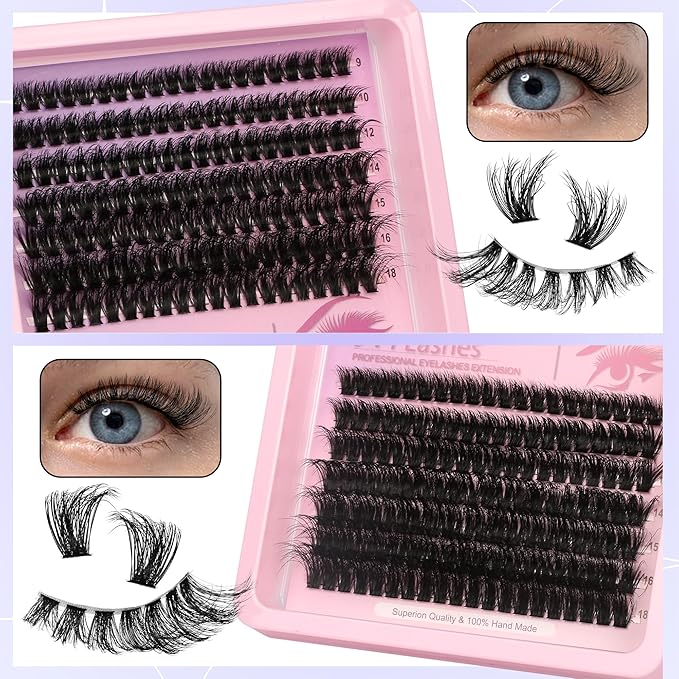 280 Pcs Lash Clusters Extension Kit 80D+60D Cat Eye Lashes Clusters Kit 9-18mm Fluffy Wispy Cluster Eyelash Extensions Kit D Curl Eyelash Clusters Individual Lashes DIY Lash Makeup at Home