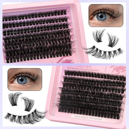 280 Pcs Lash Clusters Extension Kit 80D+60D Cat Eye Lashes Clusters Kit 9-18mm Fluffy Wispy Cluster Eyelash Extensions Kit D Curl Eyelash Clusters Individual Lashes DIY Lash Makeup at Home