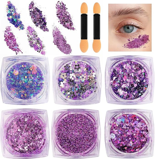 Glitter Body Face Hair Makeup Festival Gel, 6 Shapes Clear Purple Rave Glitter Face Pain Glitter Eyeshadow for Kids Women Girls Singer Concerts Festival Rave Accessories