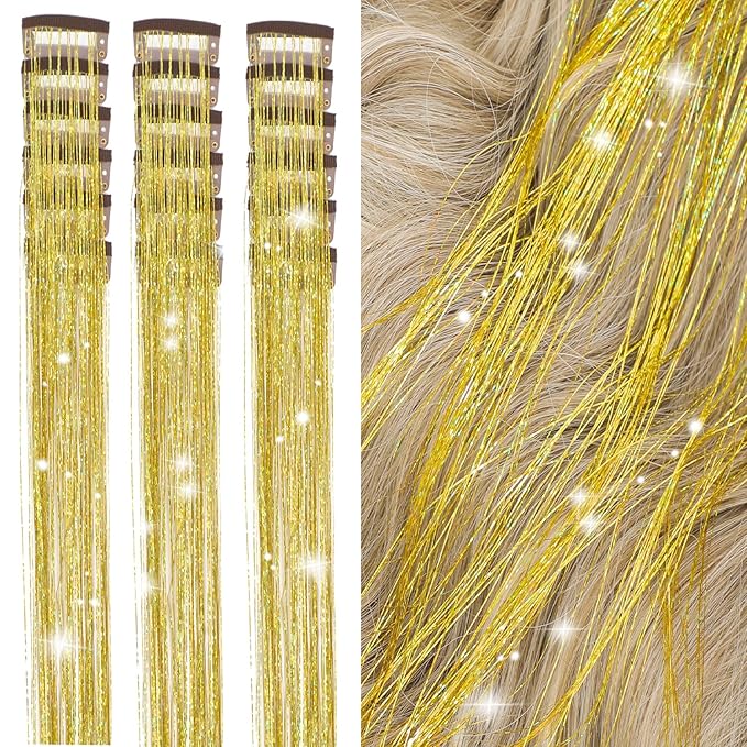 18 Pcs Hair Tinsel clip in Tinsel hair extensions 19.6Inch Clip in Hair tinsel Kit Heat Resistant Sparkle Fairy Hair Accessories for Kids Girls Women (Gold)