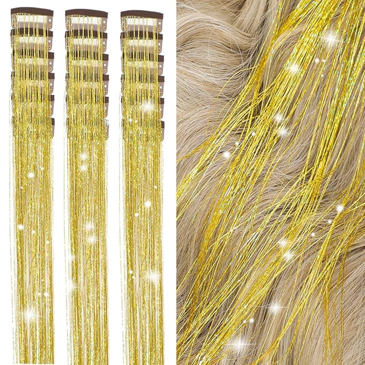 18 Pcs Hair Tinsel clip in Tinsel hair extensions 19.6Inch Clip in Hair tinsel Kit Heat Resistant Sparkle Fairy Hair Accessories for Kids Girls Women (Gold)
