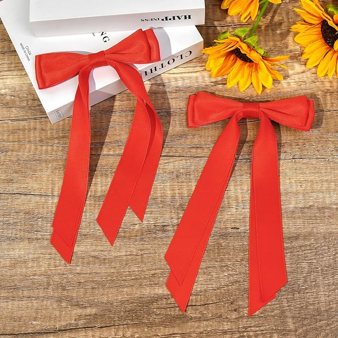 2PCS Silky Satin Hair Bows Hair Clip Red Hair Ribbon Ponytail Holder Accessories Slides Metal Clips Hair Bow for Women Girls Toddlers Teens Kids