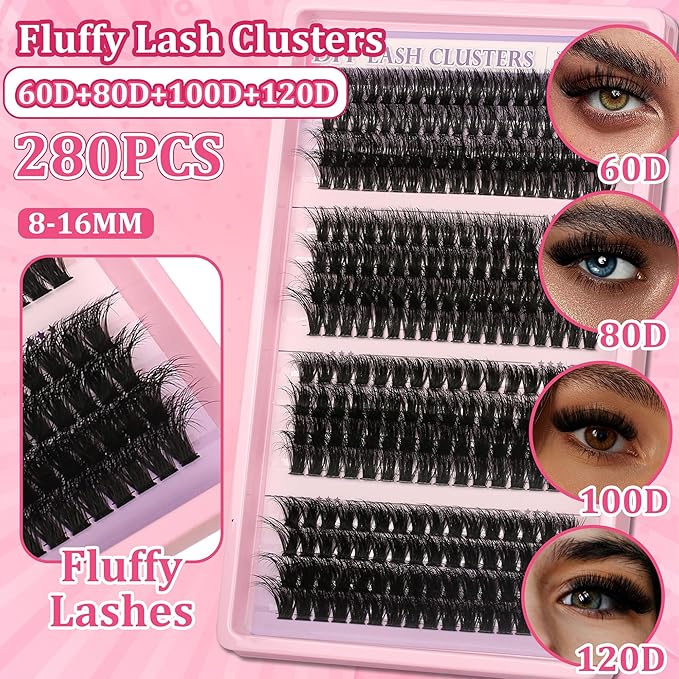 280 Pcs Lash Clusters Extensions Kit - 60D 80D 100D 120D Faux Mink Individual Eye Lash 12-18mm Clusters with D Curl Fluffy Wispy Lash Clusters for Lash Extension at Home