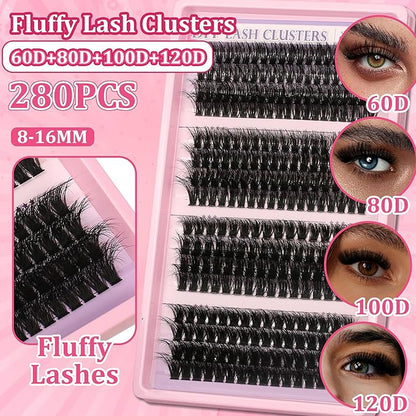 280 Pcs Lash Clusters Extensions Kit - 60D 80D 100D 120D Faux Mink Individual Eye Lash 12-18mm Clusters with D Curl Fluffy Wispy Lash Clusters for Lash Extension at Home