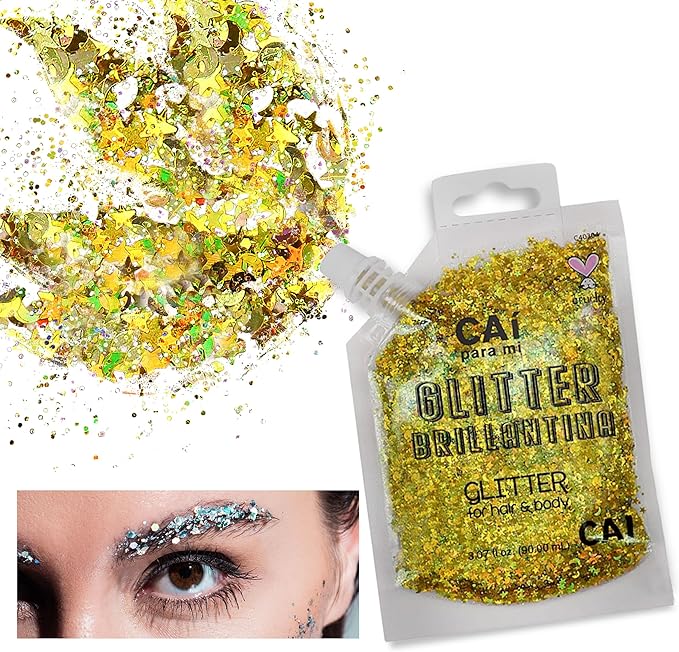Hair Glitter Gel; Body Glitter & Face Glitter for Women/Kids (2 PK Rose/Gold) Moon & Stars; Iridescent Holograph Cosmetic Grade- Apply Without Glue, Easy to Take Off Keeps Skin Clean