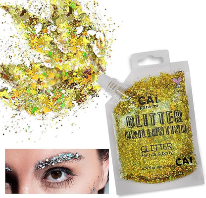 Hair Glitter Gel; Body Glitter & Face Glitter for Women/Kids (2 PK Rose/Gold) Moon & Stars; Iridescent Holograph Cosmetic Grade- Apply Without Glue, Easy to Take Off Keeps Skin Clean
