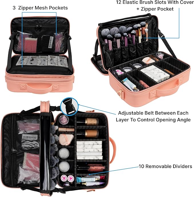 (Not Made In China) 2 Pack, Makeup Train Case, Cosmetic Travel Organizer For Professional Beauty Artist, Portable Storage Bag W/Adjustable Dividers For Jewelry and Brushes (Pink, Large)