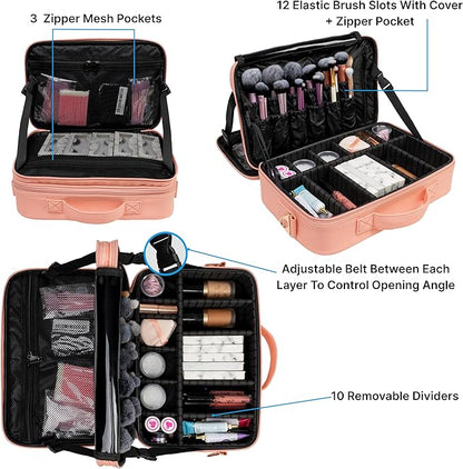 (Not Made In China) 2 Pack, Makeup Train Case, Cosmetic Travel Organizer For Professional Beauty Artist, Portable Storage Bag W/Adjustable Dividers For Jewelry and Brushes (Pink, Large)