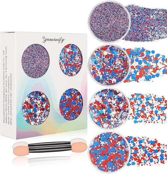 4 Jars Red Blue White USA Independent Day Flag Patriotic Face Glitter,4th of July Accessories Sparkle Body Glitter Face Paint,Fourth of July Festival Outfits for Women,40g/1.41 oz