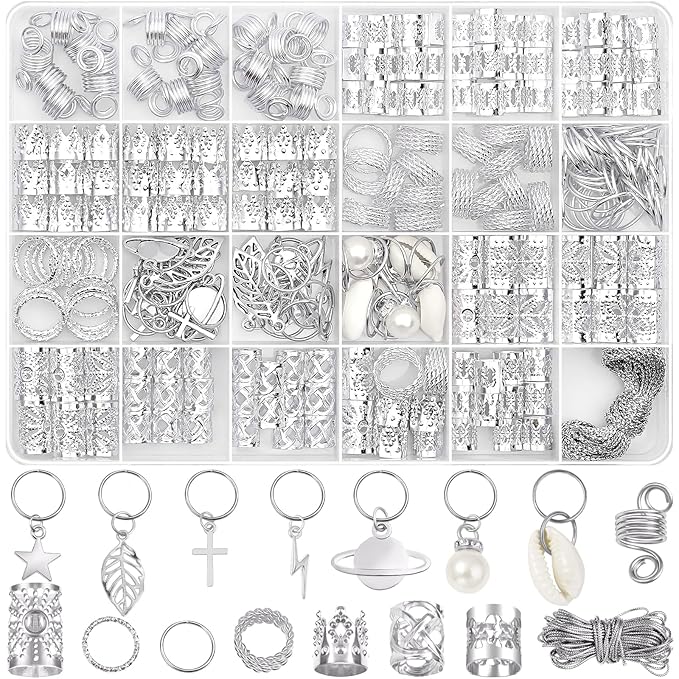 Lucomb 259 Pcs Hair Jewelry, Hair Accessories for Braids Silver Loc Jewelry for Hair Dreadlocks Braid Jewelry Hair Cuffs Clips Dreadlock Accessories for Women's Hair Charms Rings Decoration