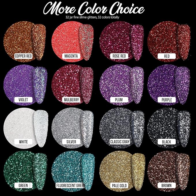Teenitor Fine Glitter, 32 Jars, Each 8g GlitterAssorted Set for Color Arts and Craft , Eyeshadow, Makeup, Nail Art Pigment