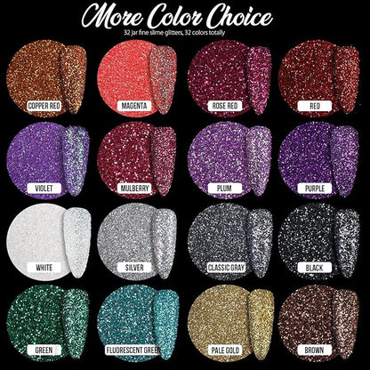 Teenitor Fine Glitter, 32 Jars, Each 8g GlitterAssorted Set for Color Arts and Craft , Eyeshadow, Makeup, Nail Art Pigment