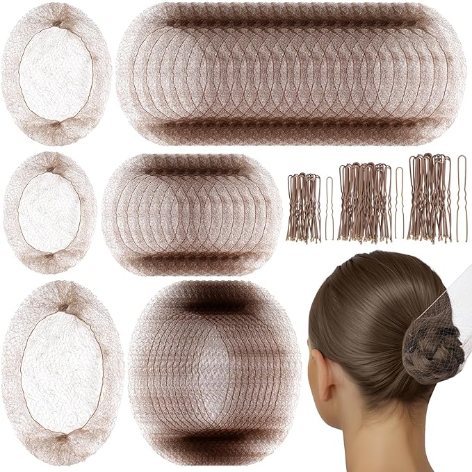 Teenitor Hair Nets For Buns, 3 Sizes Hair Bun Nets For Ballet Girls(12, 20, 28 Inch), 80pcs U Shape Bobby Pins and 40pcs Hairnets For Dance Buns Maker, Tan Brown